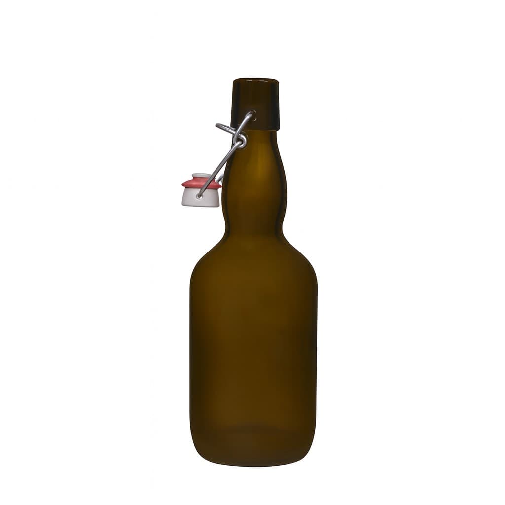 500 ml μπουκάλι μπύρας με λαιμό τύπου Kropfhals, γυαλί, παλαιωμένο πράσινο, στόμιο: κούμπωμα με μανταλάκι