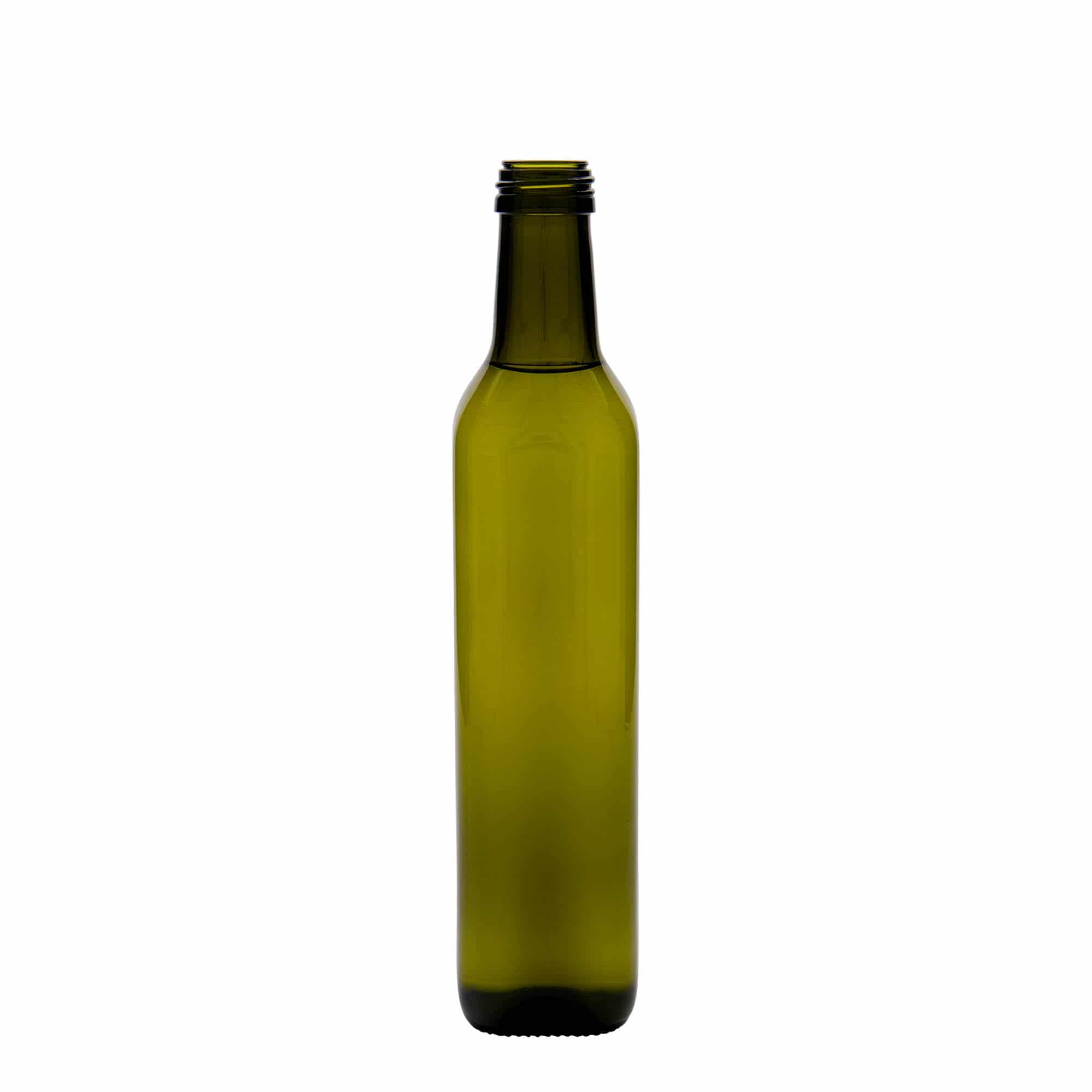Γυάλινο μπουκάλι 'Marasca' 500 ml, τετράγωνο, πράσινο αντικέ, στόμιο: PP 31,5 Γυάλινο μπουκάλι 'Marasca' 500 ml, τετράγωνο, πράσινο αντικέ, στόμιο: PP 31,5