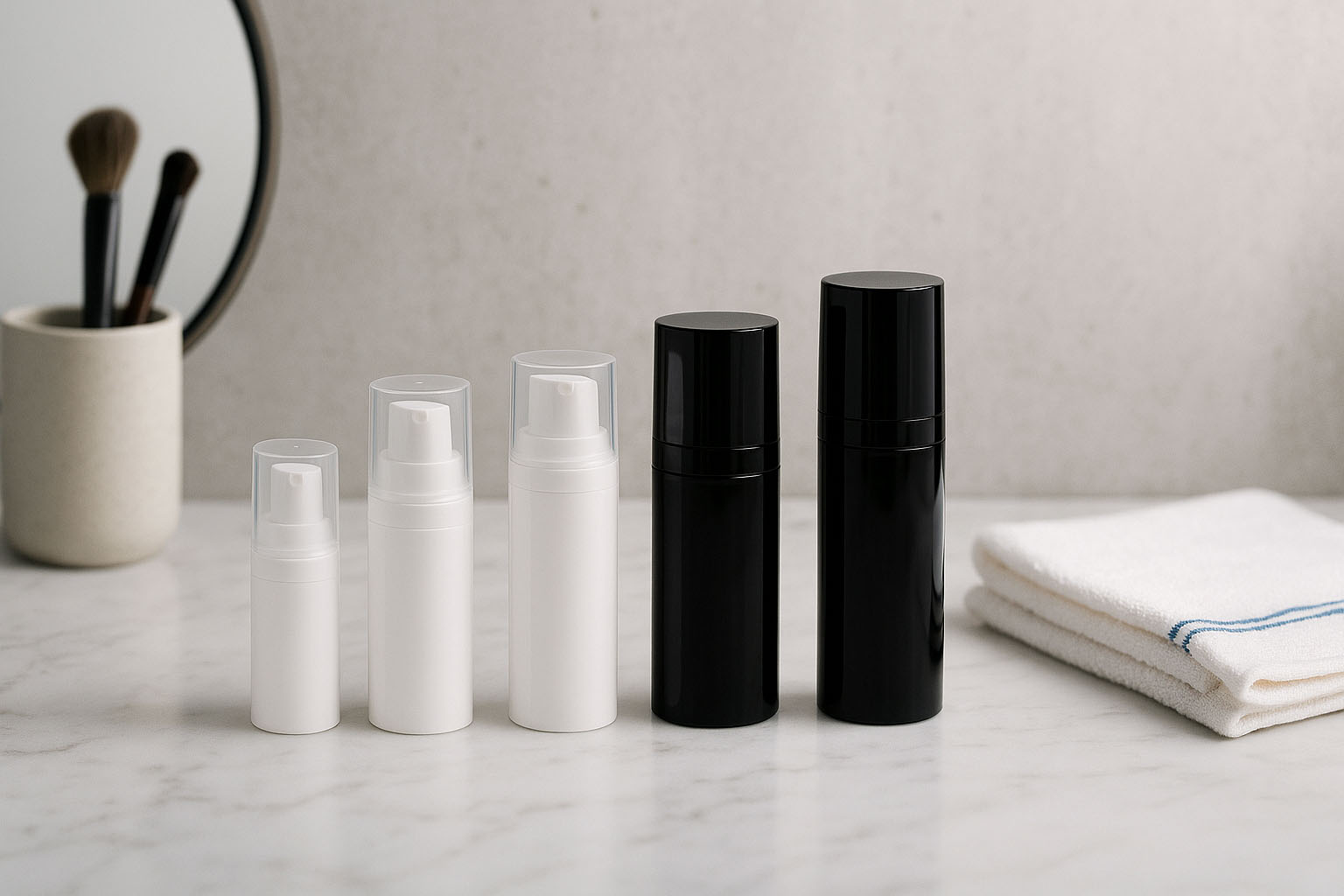 Airless Kopf Micro Silberrand + weiß, glänzende Steckkappe Airless Kopf Micro Silberrand + weiß, glänzende Steckkappe