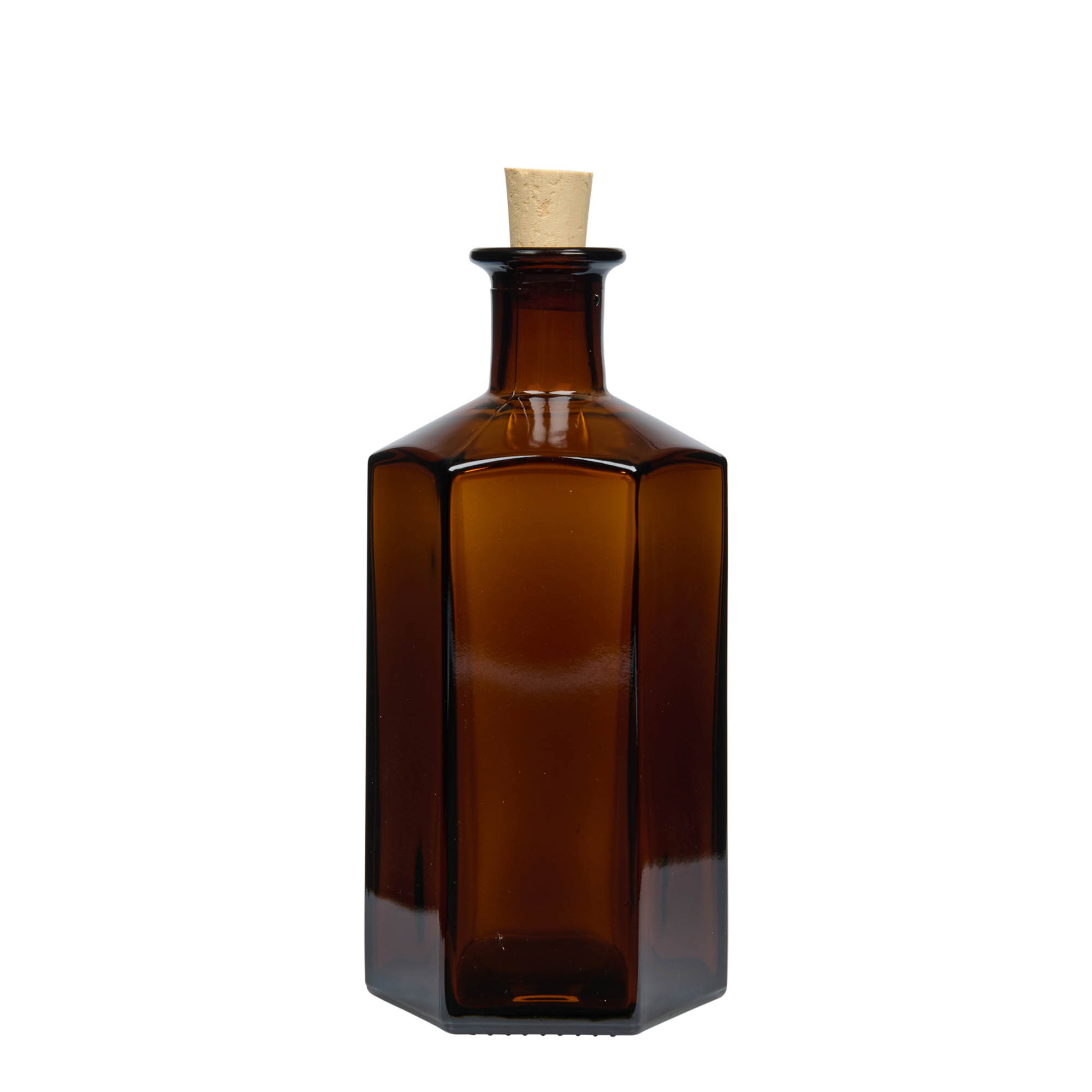 500 ml Glasflasche Apotheker 'Jimmy', sechseckig, braun, Mündung: Kork