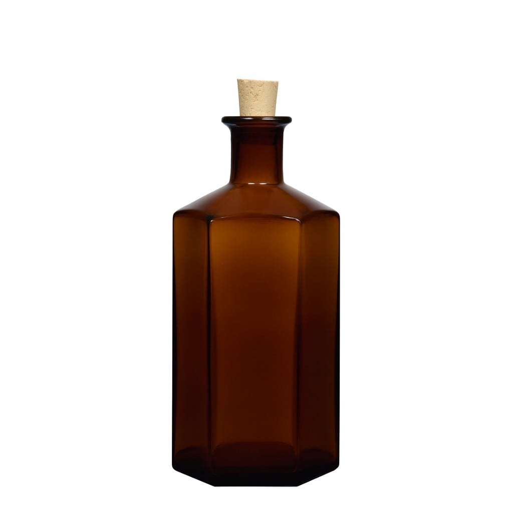 500 ml γυάλινο μπουκάλι φαρμακοποιού 'Jimmy', εξαγωνικό, καφέ, στόμιο: φελλός