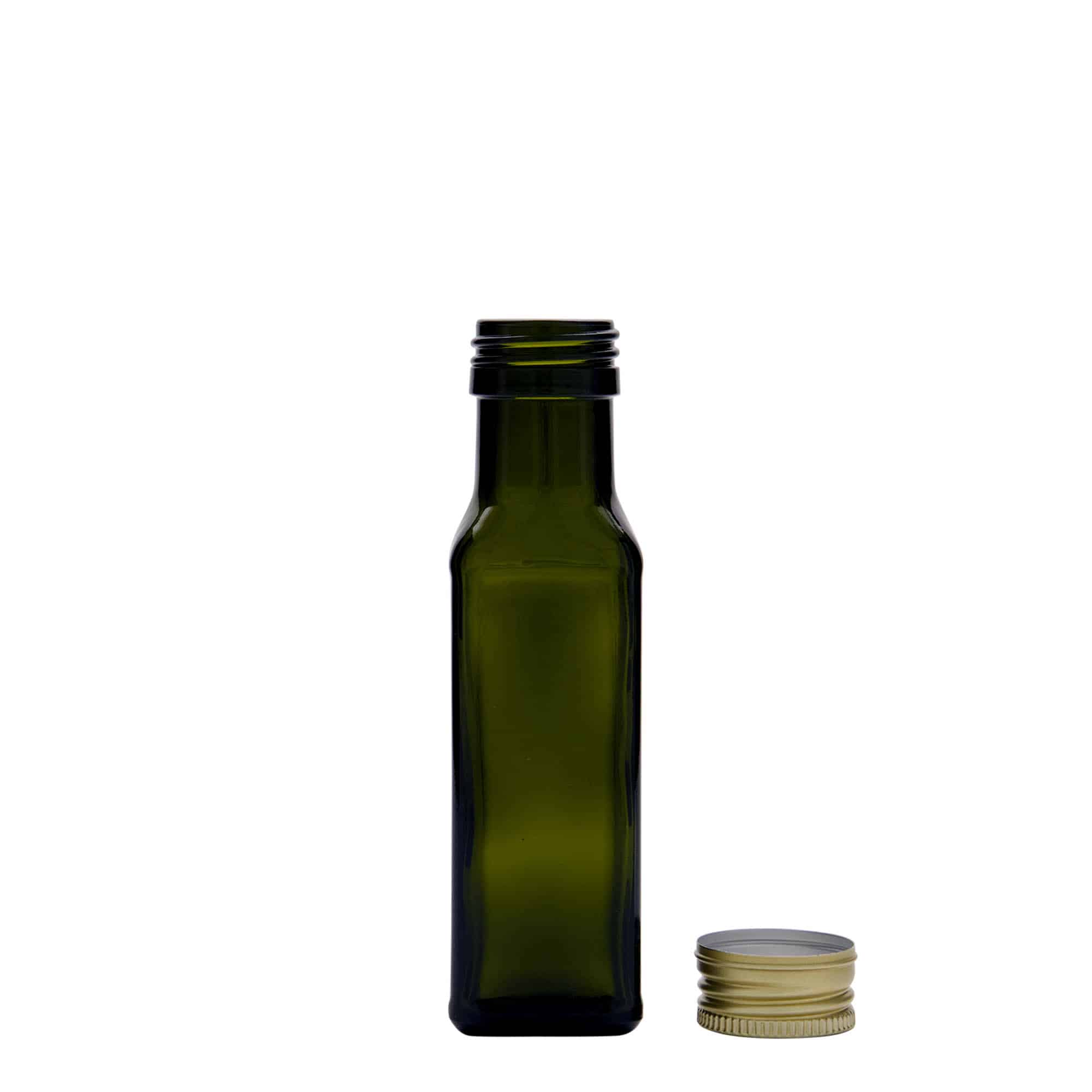 Γυάλινο μπουκάλι 'Marasca' 100 ml, τετράγωνο, πράσινο αντικέ, στόμιο: PP 31,5 Γυάλινο μπουκάλι 'Marasca' 100 ml, τετράγωνο, πράσινο αντικέ, στόμιο: PP 31,5