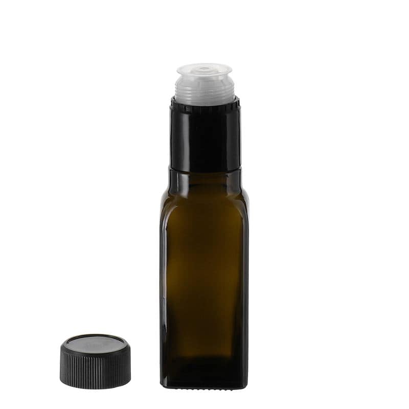 Μπουκάλι για ξίδι/λάδι 'Quadra' 100 ml, γυάλινο, τετράγωνο, πράσινο αντικέ, στόμιο: DOP