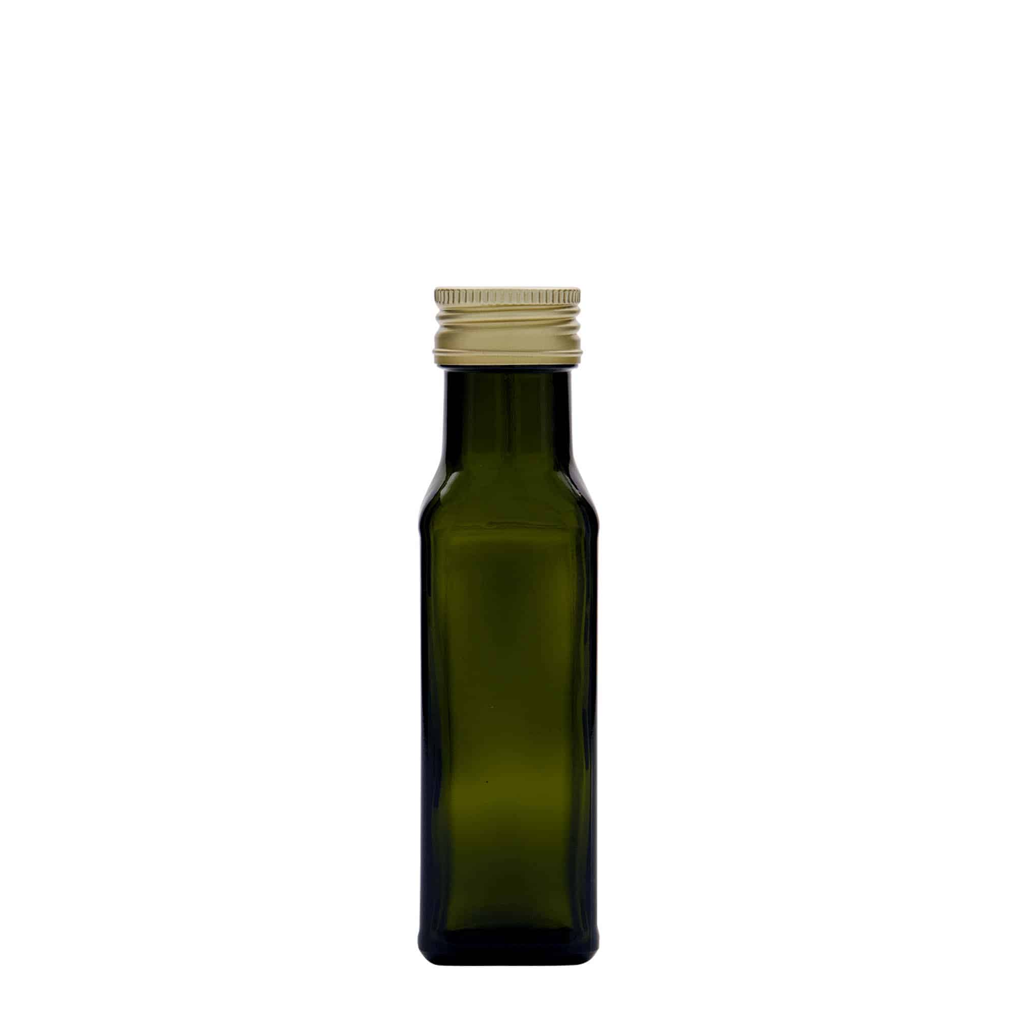 Γυάλινο μπουκάλι 'Marasca' 100 ml, τετράγωνο, πράσινο αντικέ, στόμιο: PP 31,5
