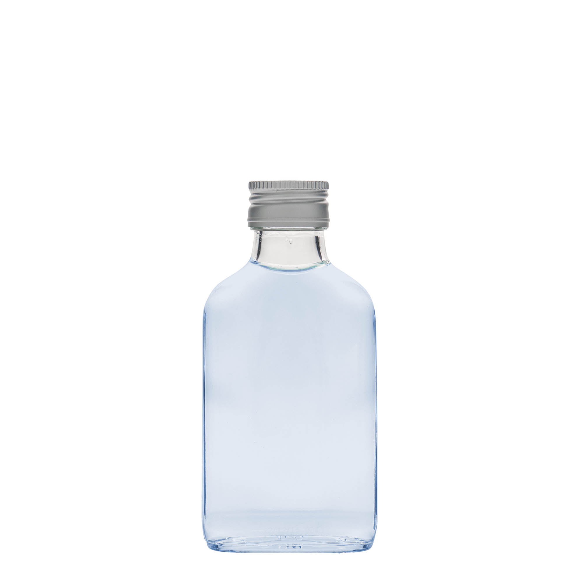 Φλασκί τσέπης 100 ml, ορθογώνιο, γυάλινο, στόμιο: PP 28 Φλασκί τσέπης 100 ml, ορθογώνιο, γυάλινο, στόμιο: PP 28