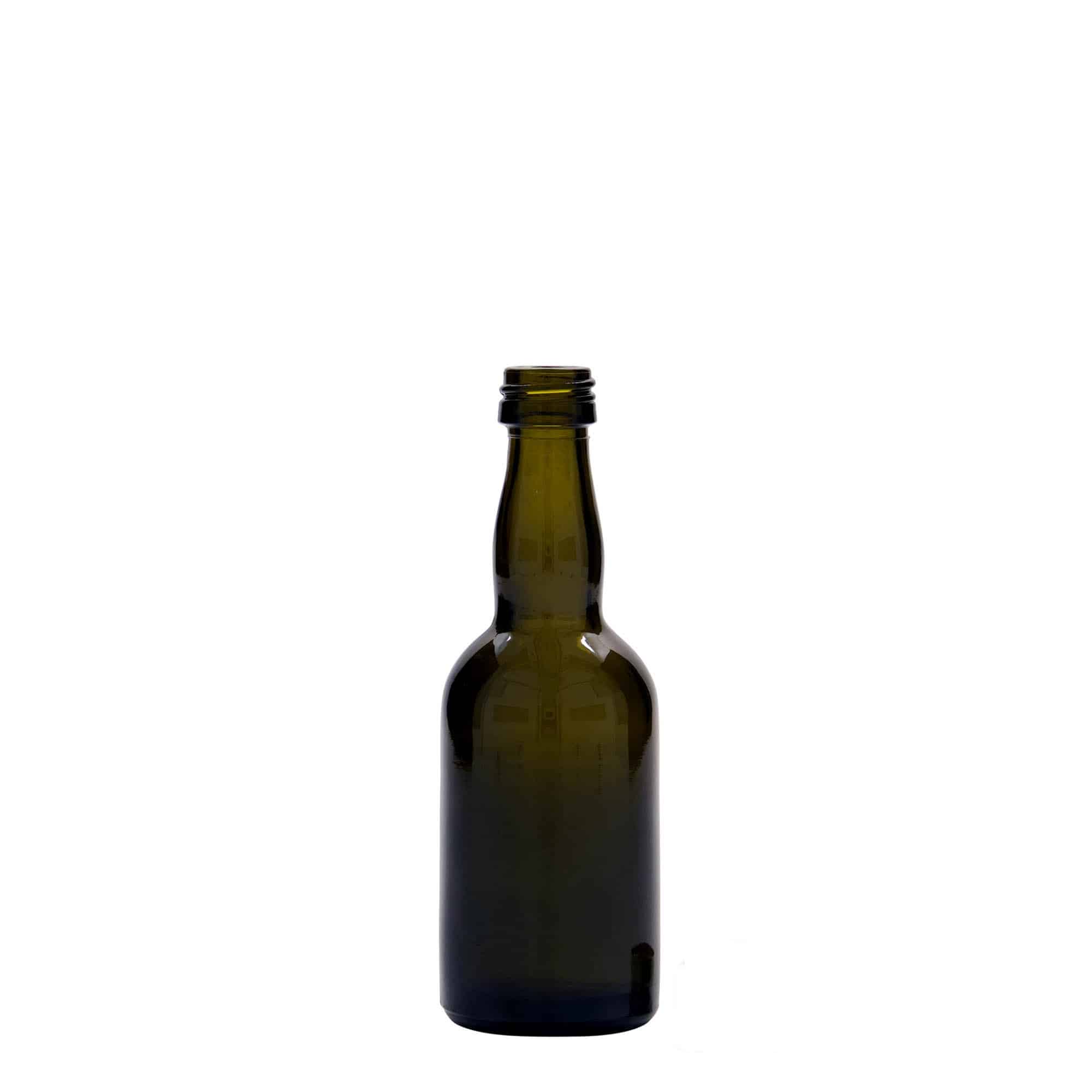 Γυάλινο μπουκάλι 'Proba' 50 ml, πράσινο αντικέ, στόμιο: PP 18 Γυάλινο μπουκάλι 'Proba' 50 ml, πράσινο αντικέ, στόμιο: PP 18