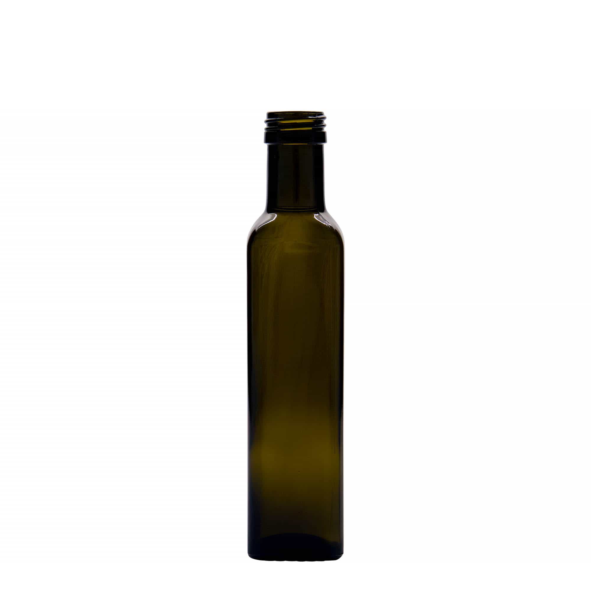 250 ml γυάλινο μπουκάλι 'Marasca', τετράγωνο, παλαιωμένο πράσινο, στόμιο: PP 31,5
