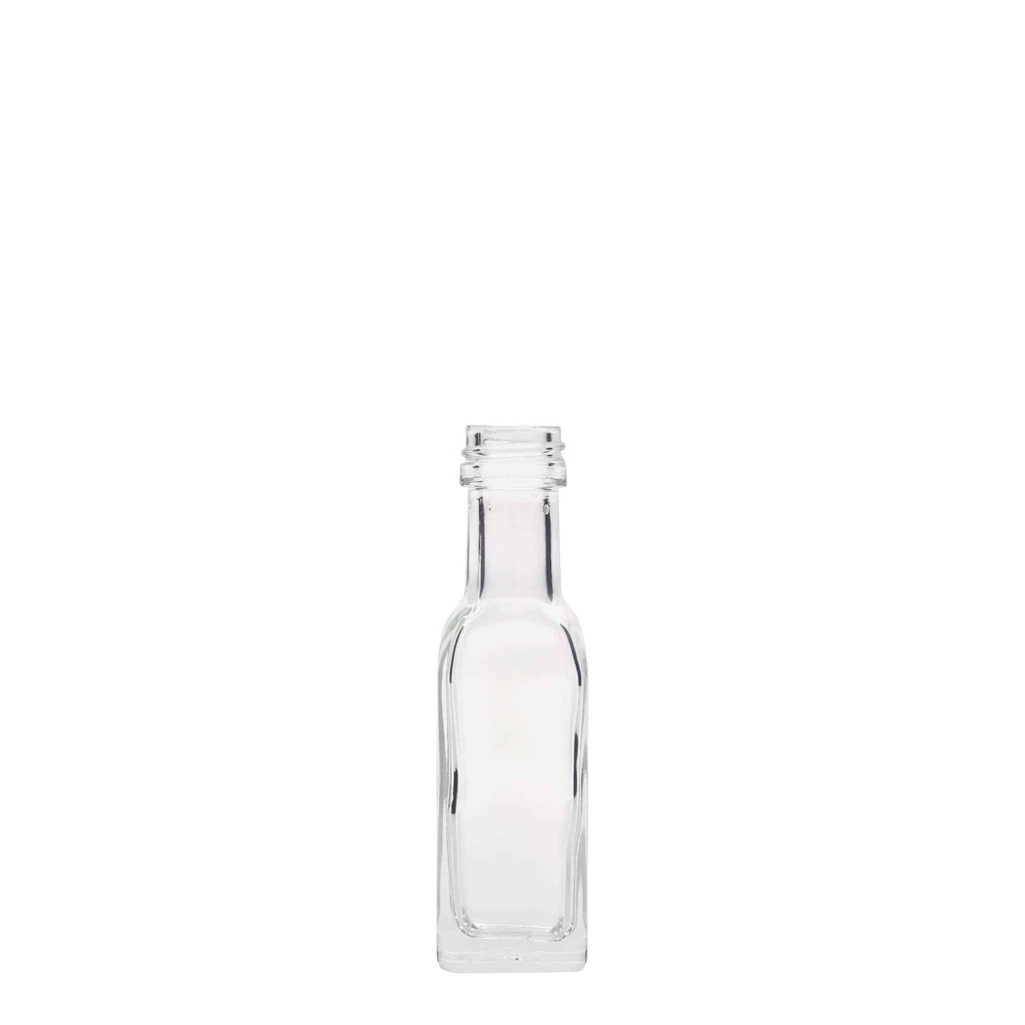 Γυάλινο μπουκάλι 'Marasca' 20 ml, τετράγωνο, στόμιο: PP 18 Γυάλινο μπουκάλι 'Marasca' 20 ml, τετράγωνο, στόμιο: PP 18