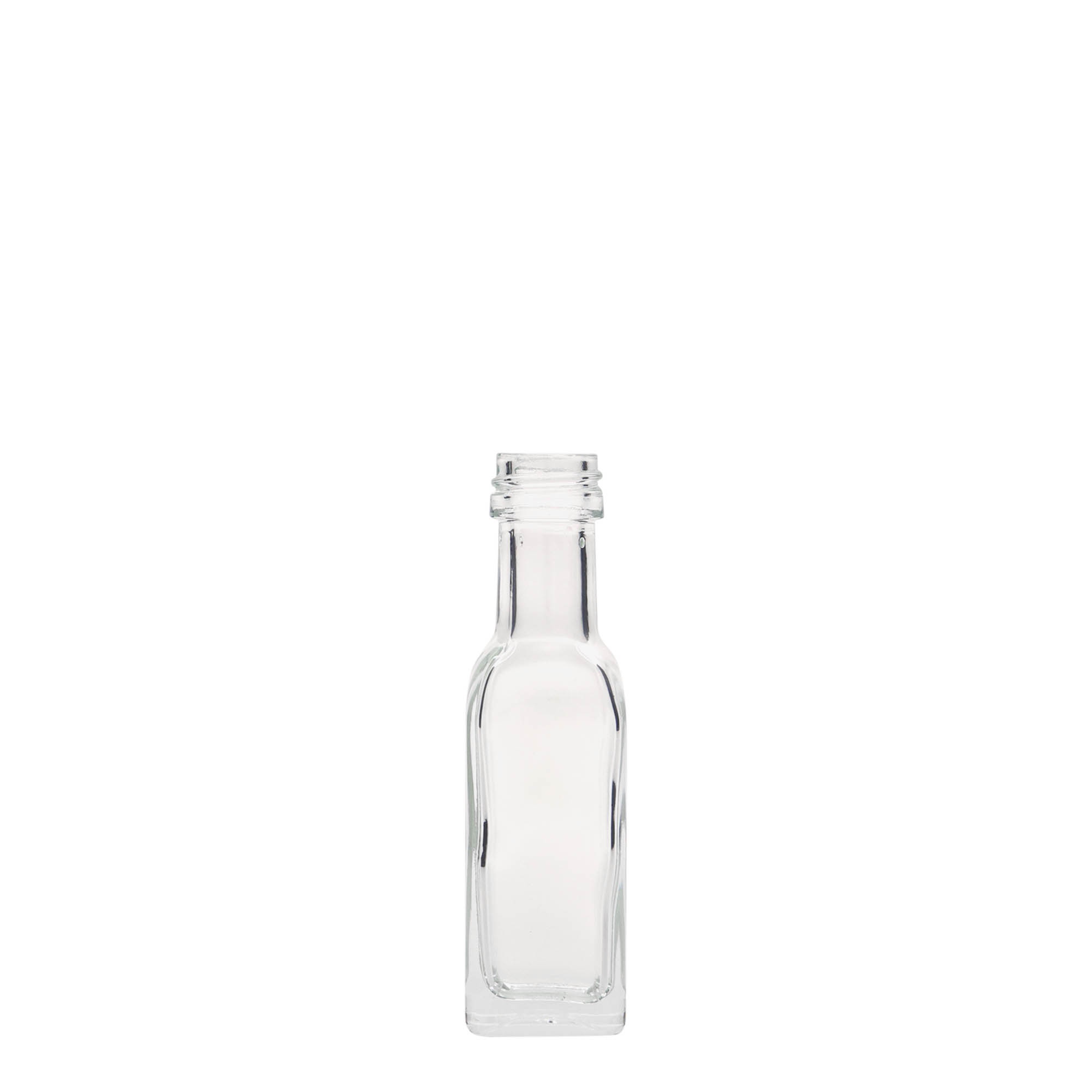 Γυάλινο μπουκάλι 'Marasca' 20 ml, τετράγωνο, στόμιο: PP 18 Γυάλινο μπουκάλι 'Marasca' 20 ml, τετράγωνο, στόμιο: PP 18