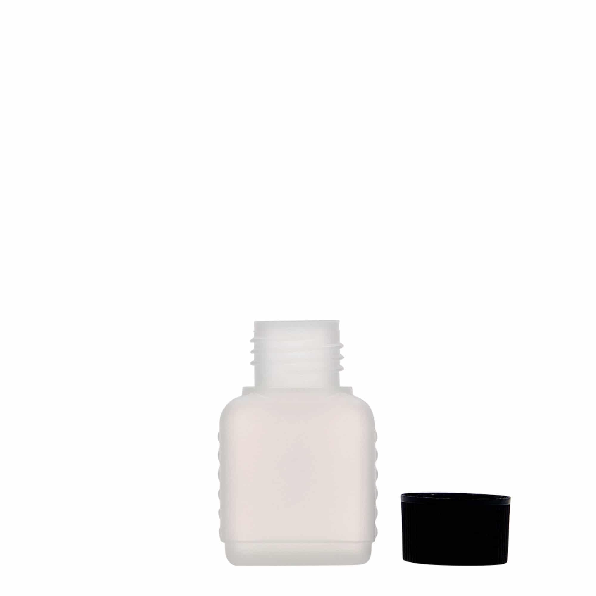 Ορθογώνιο μπουκάλι 50 ml, πλαστικό HDPE, φυσικό χρώμα, στόμιο: DIN 25