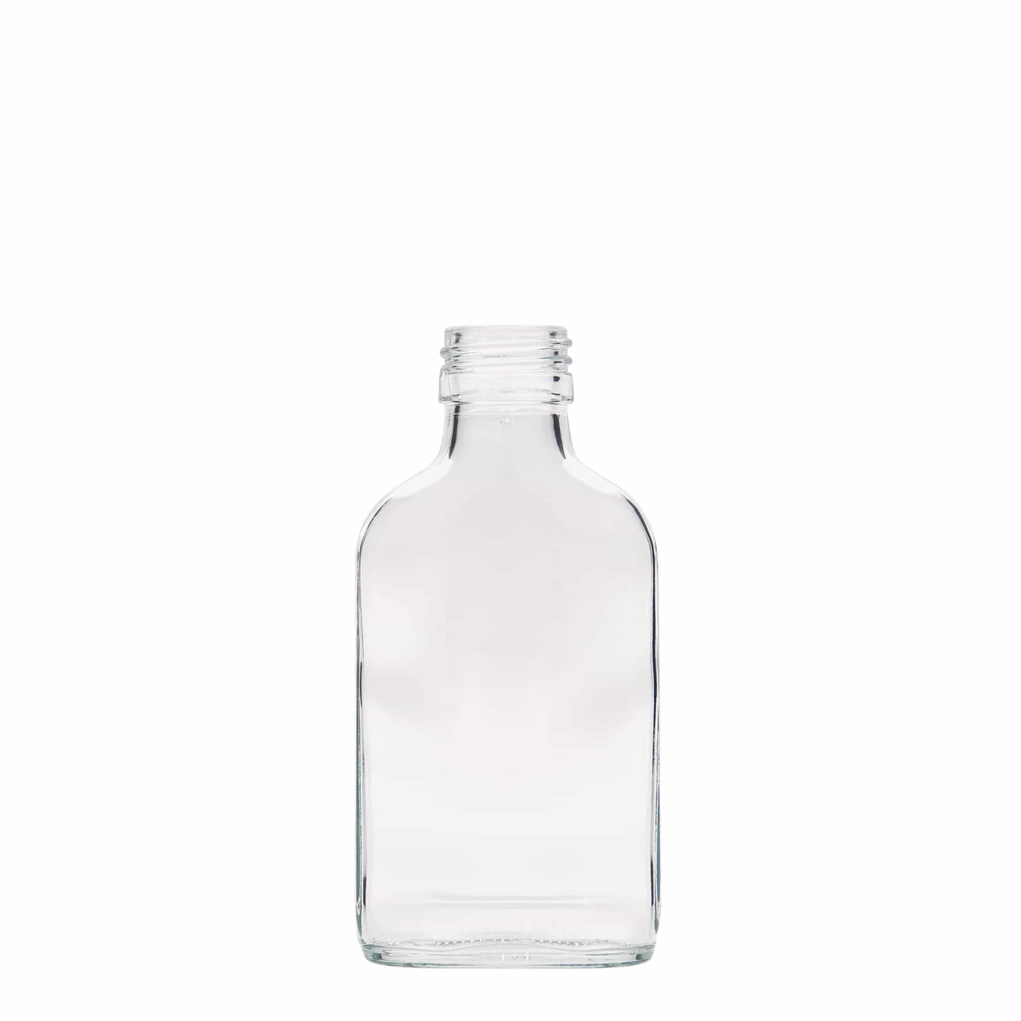 Φλασκί τσέπης 100 ml, ορθογώνιο, γυάλινο, στόμιο: PP 28 Φλασκί τσέπης 100 ml, ορθογώνιο, γυάλινο, στόμιο: PP 28
