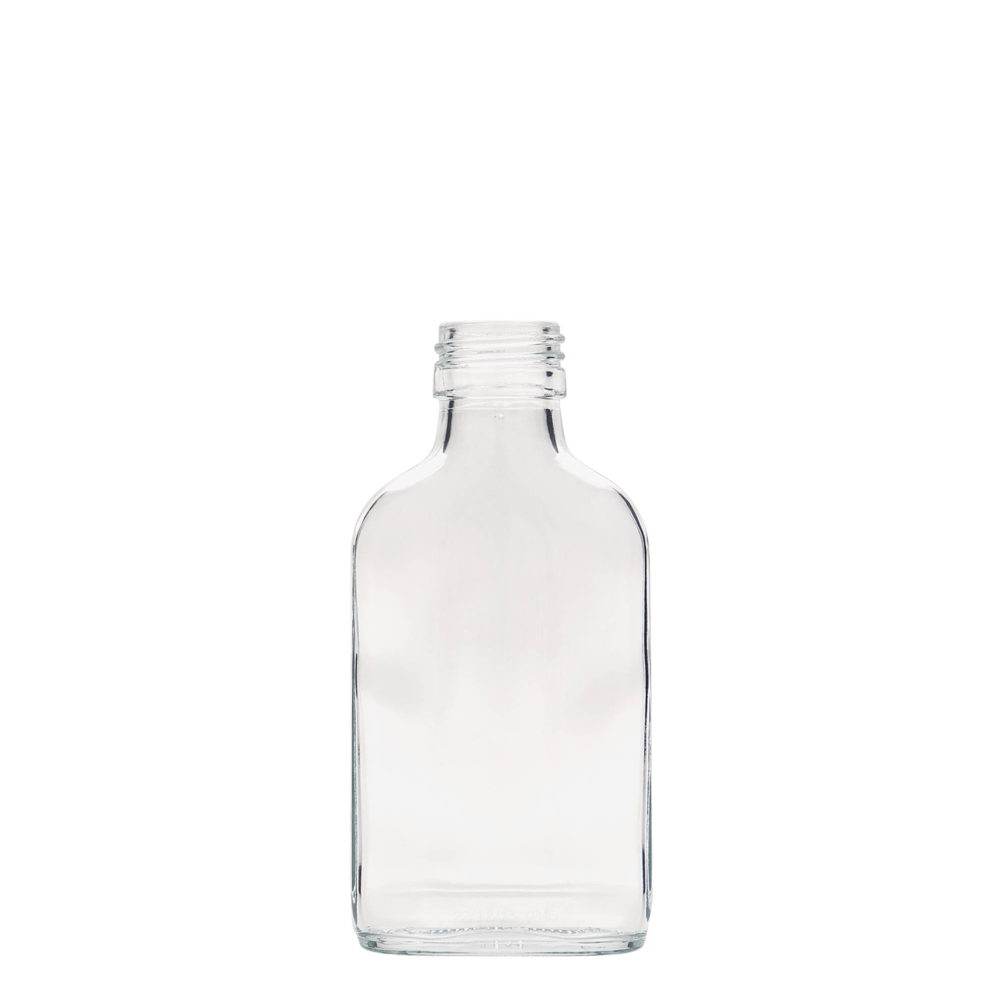 Φλασκί τσέπης 100 ml, ορθογώνιο, γυάλινο, στόμιο: PP 28 Φλασκί τσέπης 100 ml, ορθογώνιο, γυάλινο, στόμιο: PP 28