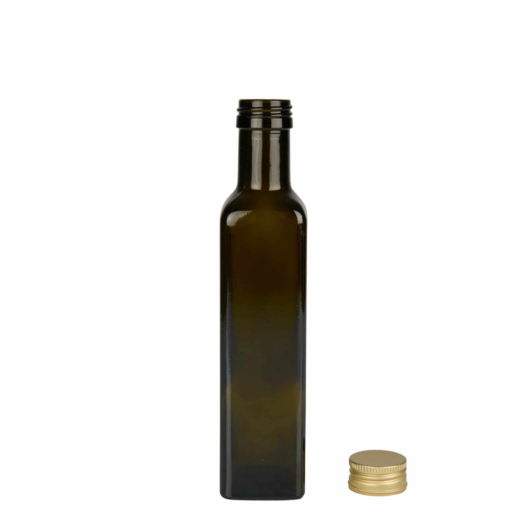 Γυάλινο μπουκάλι 'Marasca' 250 ml, τετράγωνο, πράσινο αντικέ, στόμιο: PP 31,5