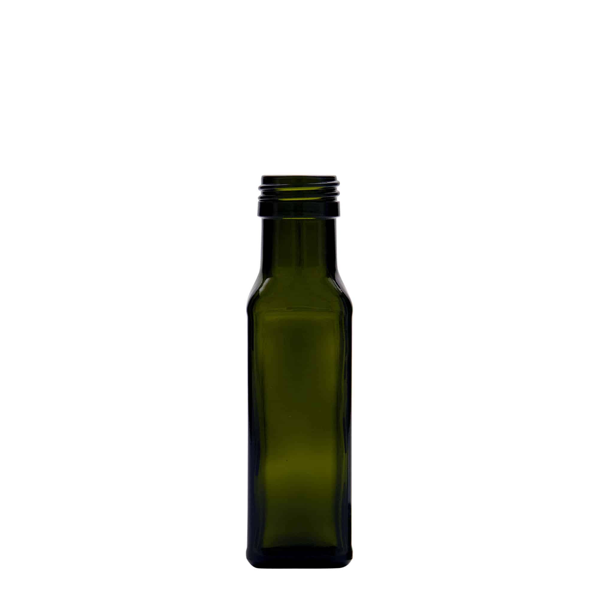 Γυάλινο μπουκάλι 'Marasca' 100 ml, τετράγωνο, πράσινο αντικέ, στόμιο: PP 31,5