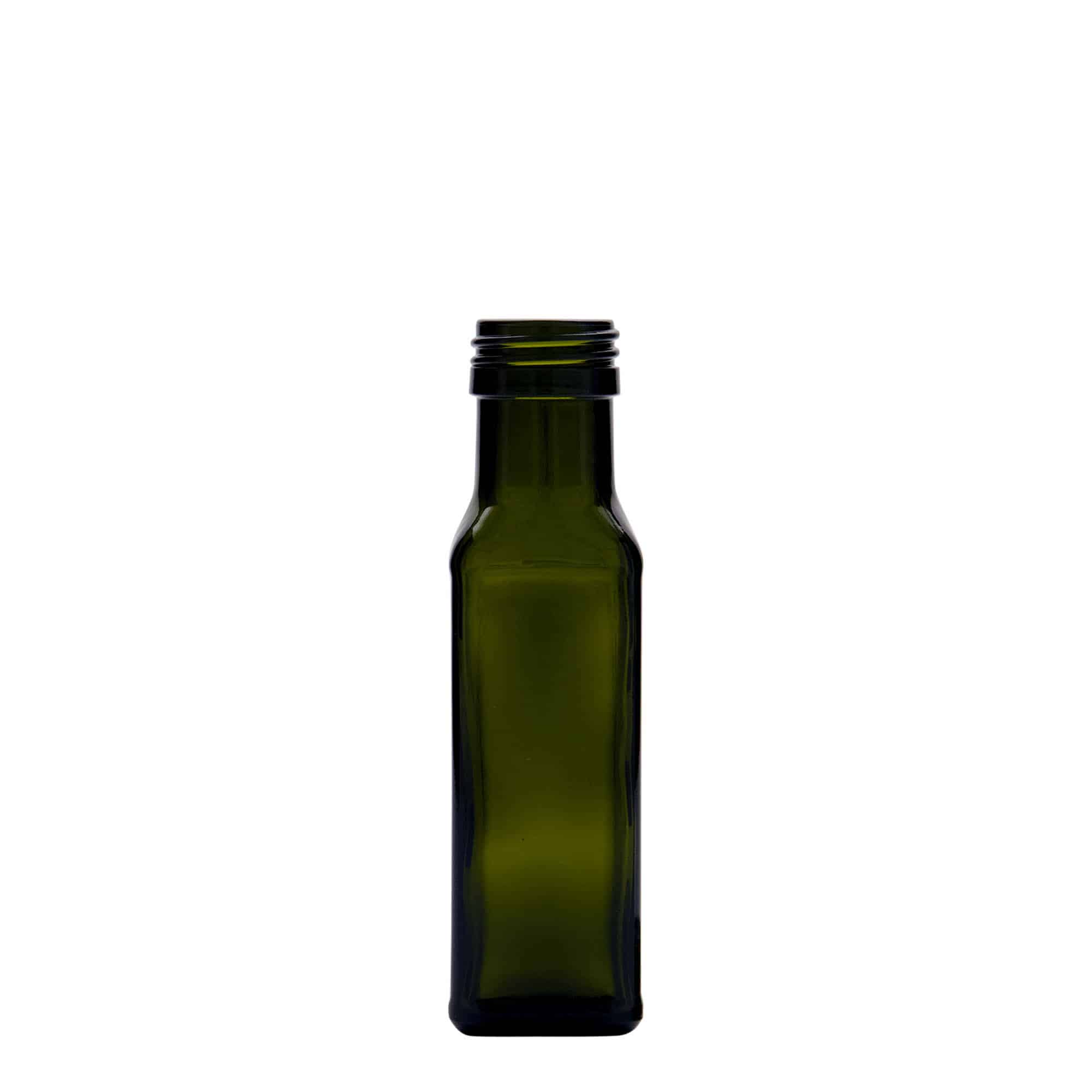 Γυάλινο μπουκάλι 'Marasca' 100 ml, τετράγωνο, πράσινο αντικέ, στόμιο: PP 31,5
