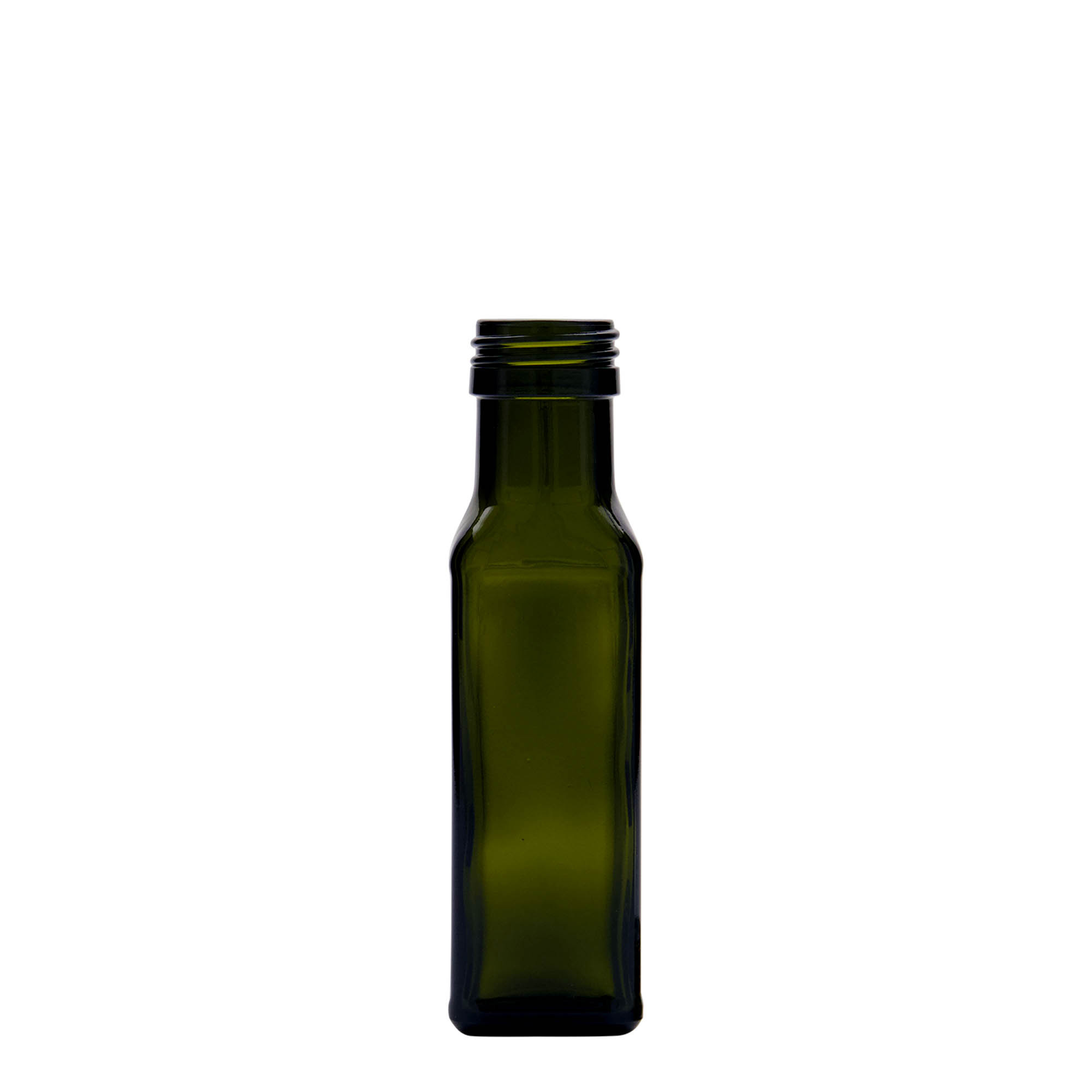 Γυάλινο μπουκάλι 'Marasca' 100 ml, τετράγωνο, πράσινο αντικέ, στόμιο: PP 31,5 Γυάλινο μπουκάλι 'Marasca' 100 ml, τετράγωνο, πράσινο αντικέ, στόμιο: PP 31,5