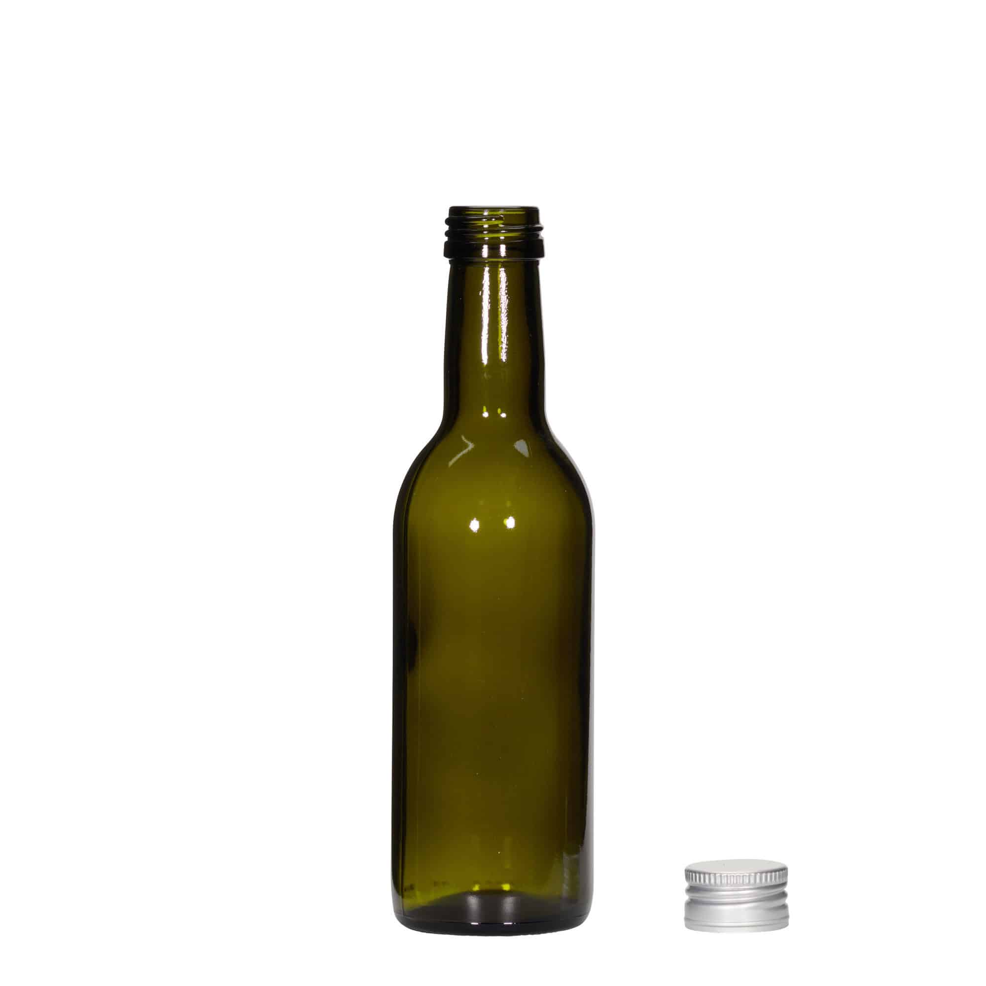 250 ml γυάλινο μπουκάλι 'Bordeaux', παλαιωμένο πράσινο, στόμιο: PP 28