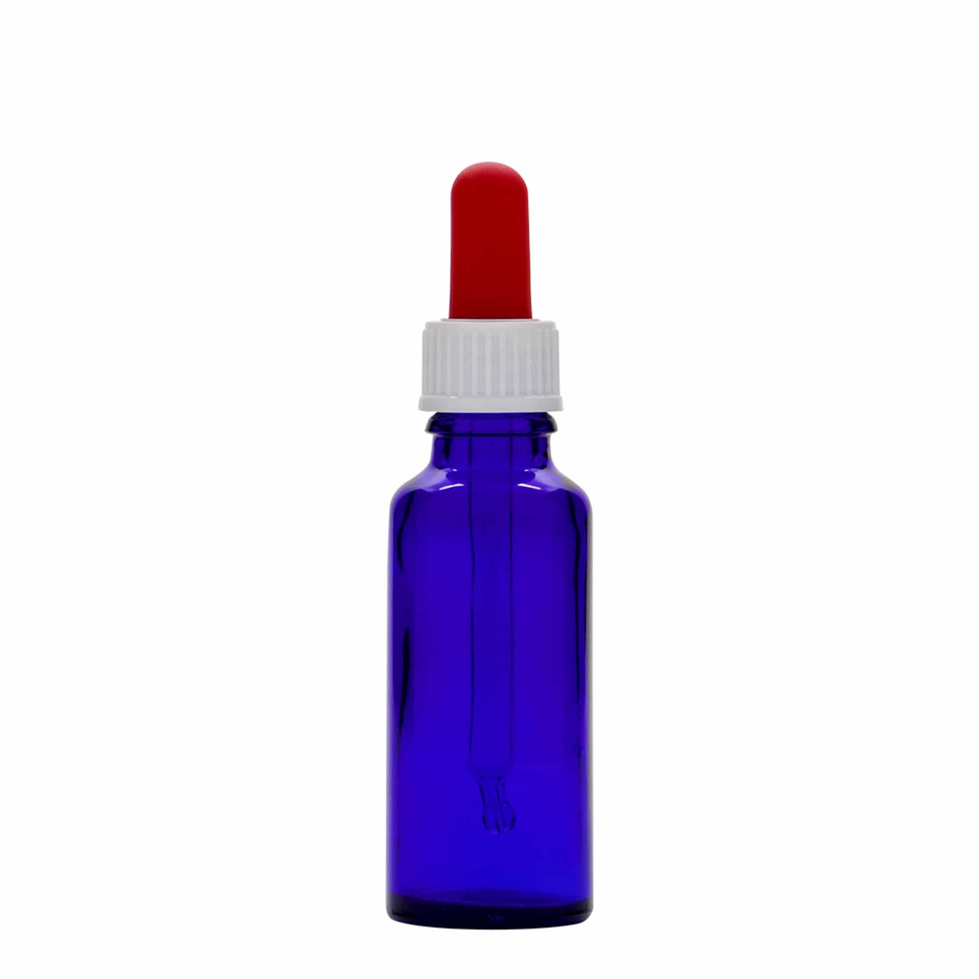 Μπουκάλι φαρμάκου με σταγονόμετρο 30 ml, γυάλινο, μπλε ρουά-κόκκινο, στόμιο: DIN 18