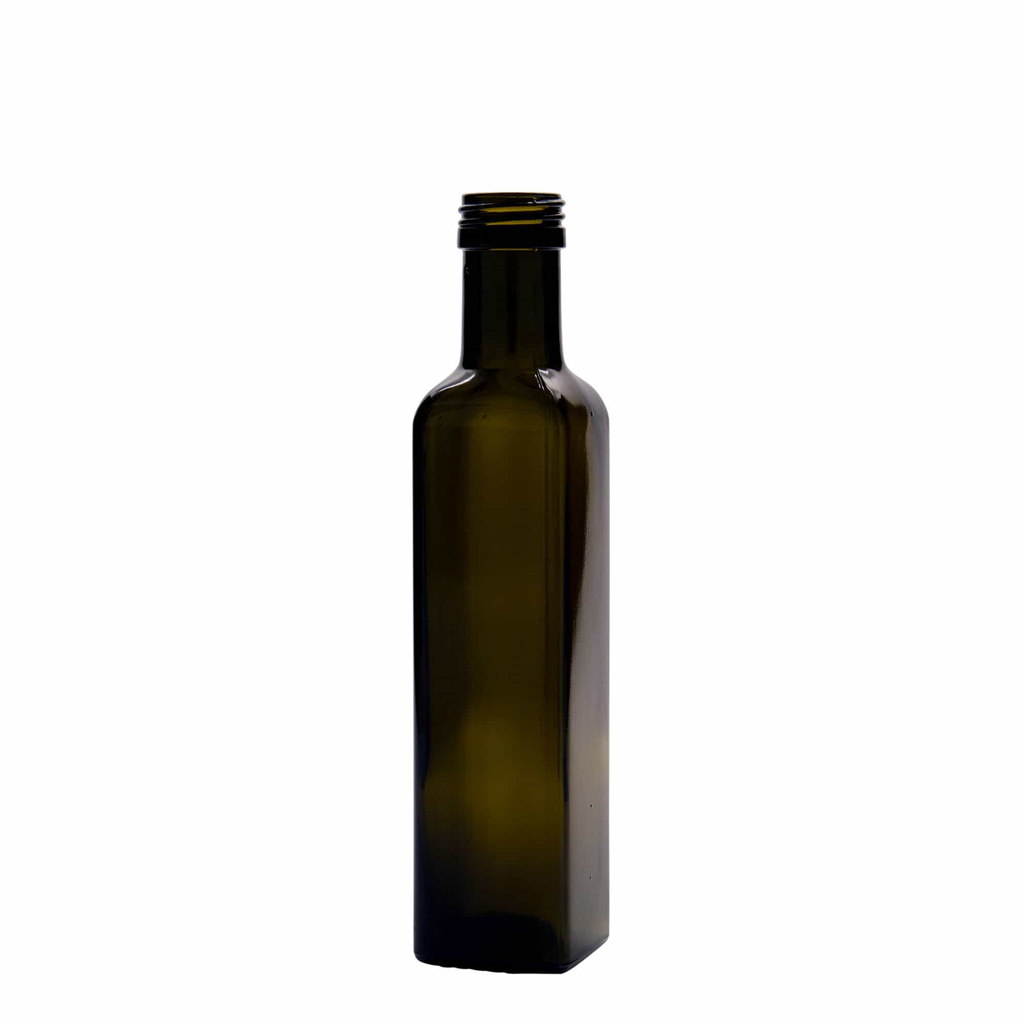 Γυάλινο μπουκάλι 'Marasca' 250 ml, τετράγωνο, πράσινο αντικέ, στόμιο: PP 31,5