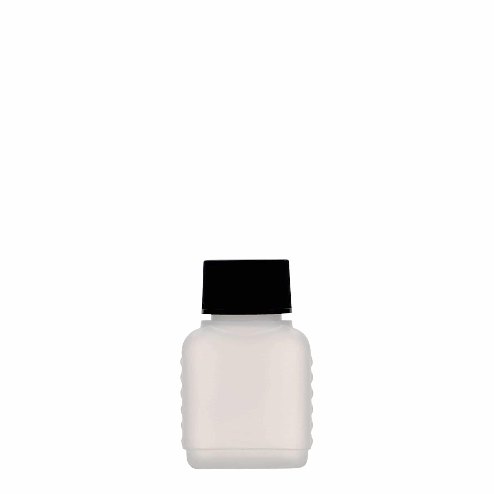 Ορθογώνιο μπουκάλι 50 ml, πλαστικό HDPE, φυσικό χρώμα, στόμιο: DIN 25