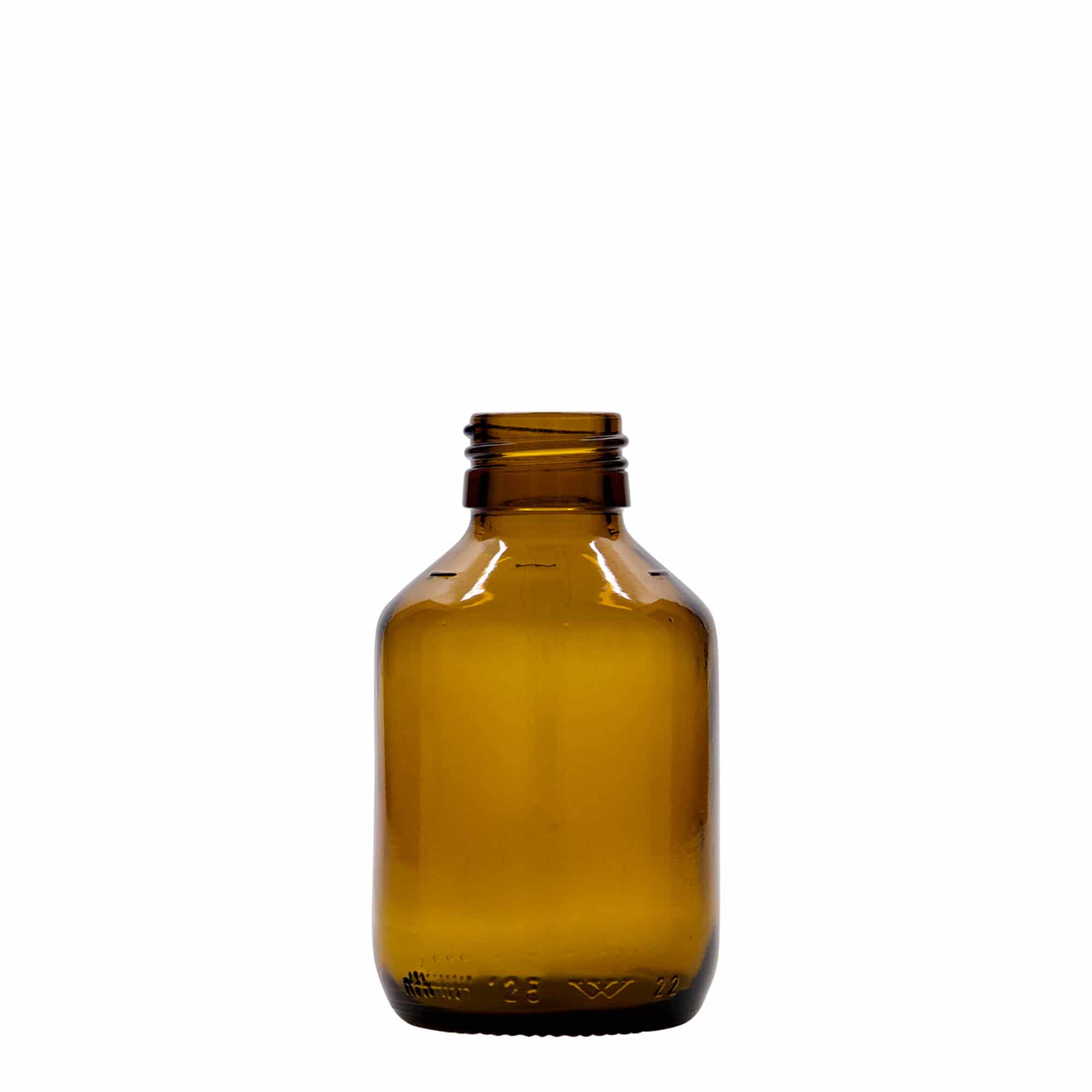 Μπουκάλι φαρμάκου 125 ml, καφέ, γυάλινο, στόμιο: PP 28 Μπουκάλι φαρμάκου 125 ml, καφέ, γυάλινο, στόμιο: PP 28