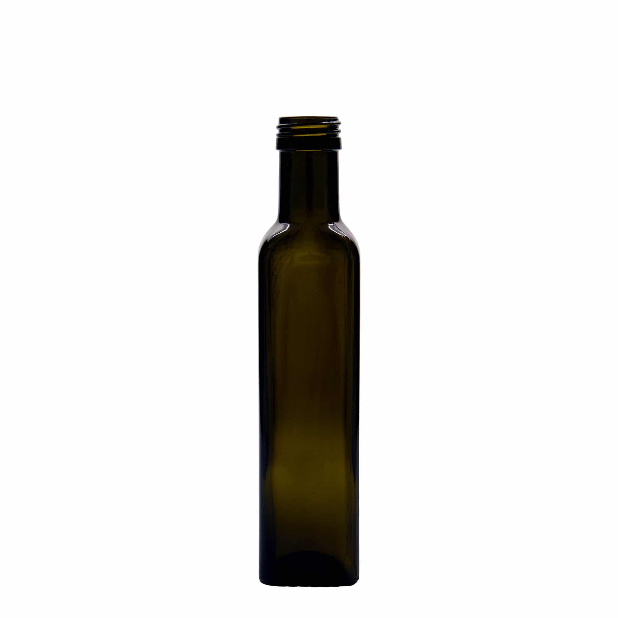 Γυάλινο μπουκάλι 'Marasca' 250 ml, τετράγωνο, πράσινο αντικέ, στόμιο: PP 31,5 Γυάλινο μπουκάλι 'Marasca' 250 ml, τετράγωνο, πράσινο αντικέ, στόμιο: PP 31,5