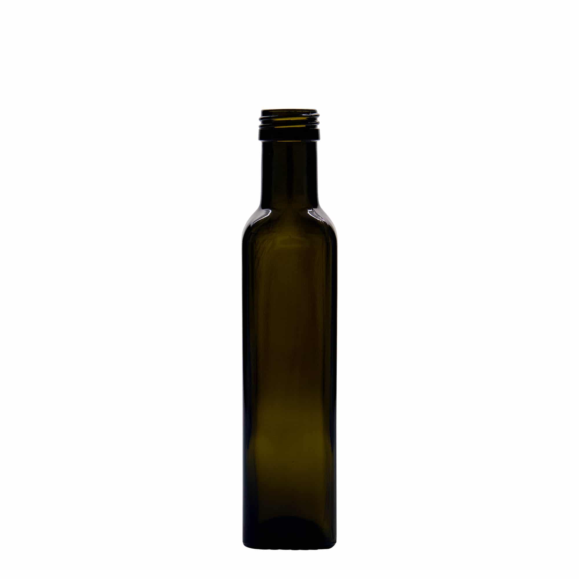 250 ml γυάλινο μπουκάλι 'Marasca', τετράγωνο, παλαιωμένο πράσινο, στόμιο: PP 31,5