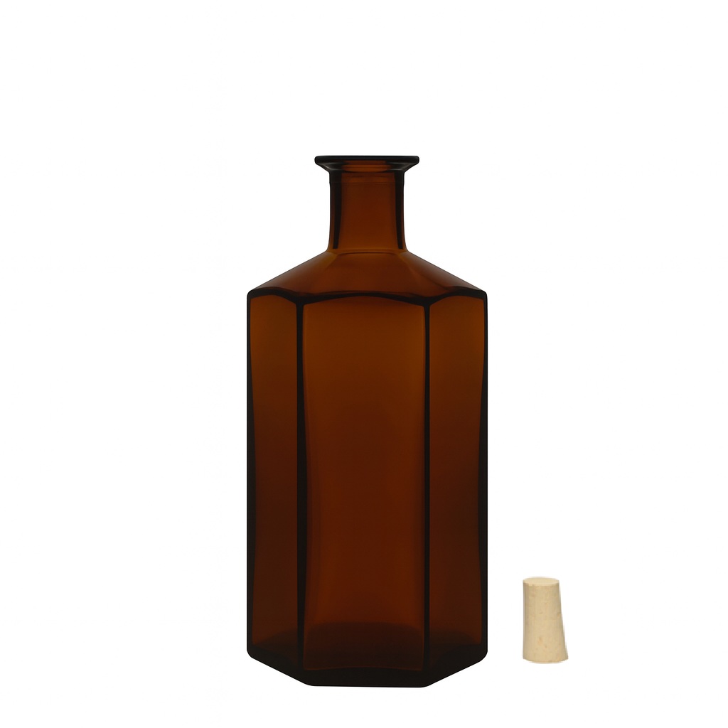 500 ml γυάλινο μπουκάλι φαρμακοποιού 'Jimmy', εξαγωνικό, καφέ, στόμιο: φελλός