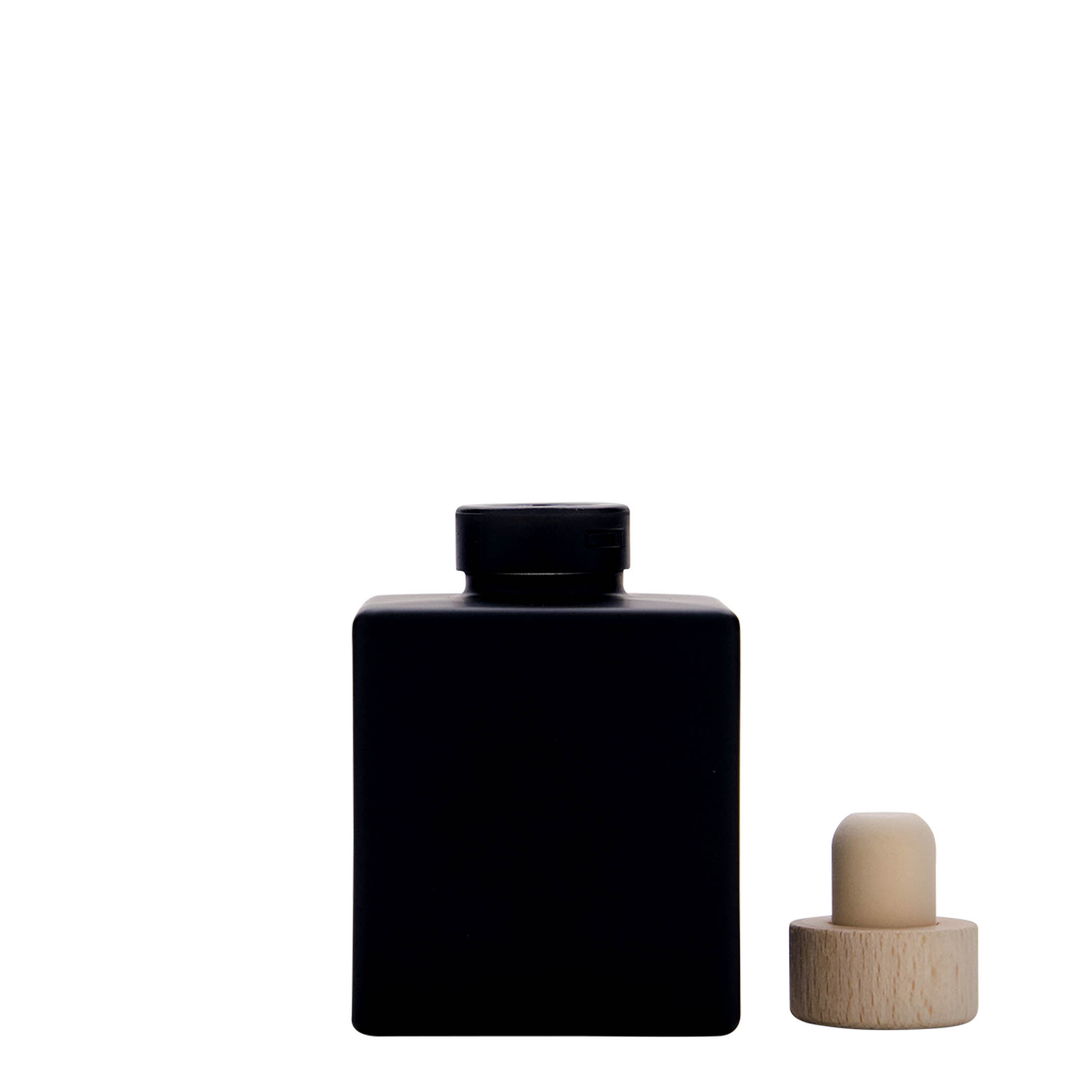 Γυάλινο μπουκάλι 'Cube' 100 ml, τετράγωνο, μαύρο, στόμιο: φελλός Γυάλινο μπουκάλι 'Cube' 100 ml, τετράγωνο, μαύρο, στόμιο: φελλός