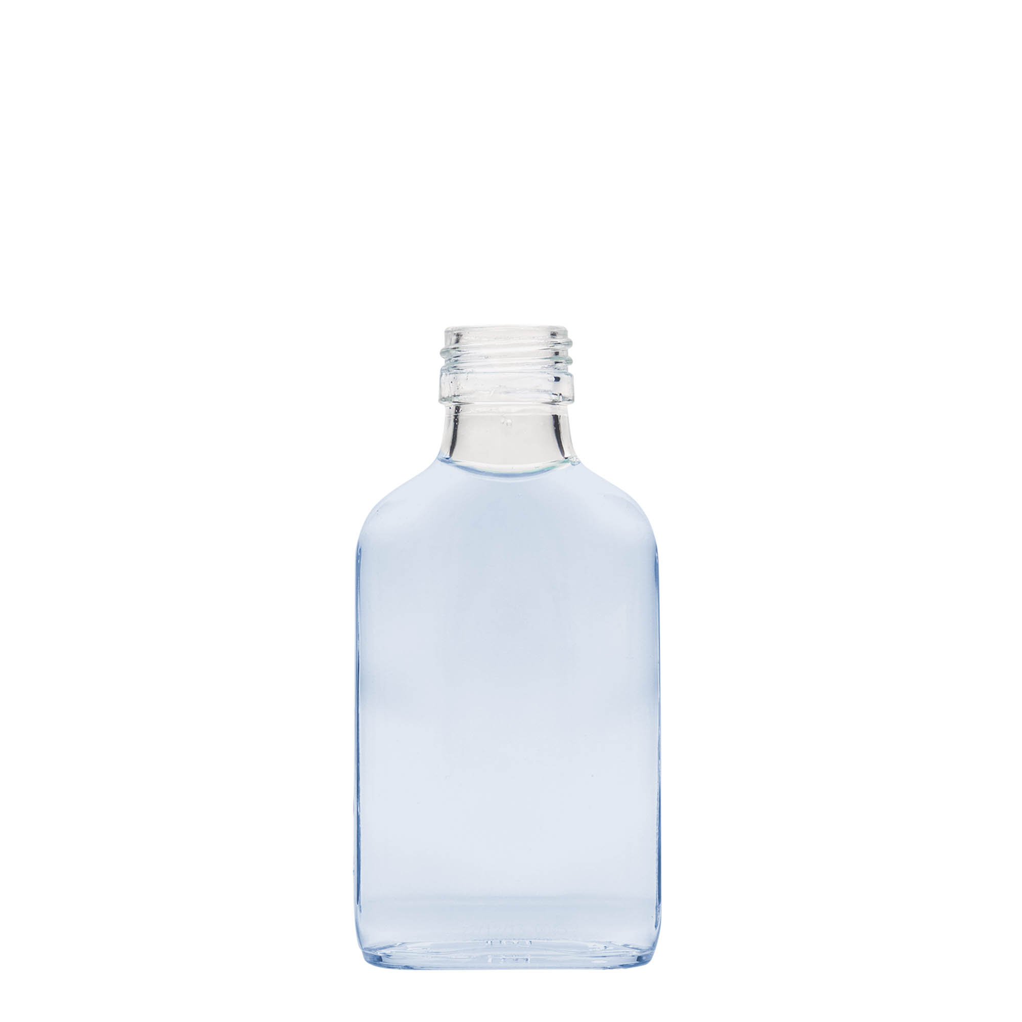 Φλασκί τσέπης 100 ml, ορθογώνιο, γυάλινο, στόμιο: PP 28 Φλασκί τσέπης 100 ml, ορθογώνιο, γυάλινο, στόμιο: PP 28