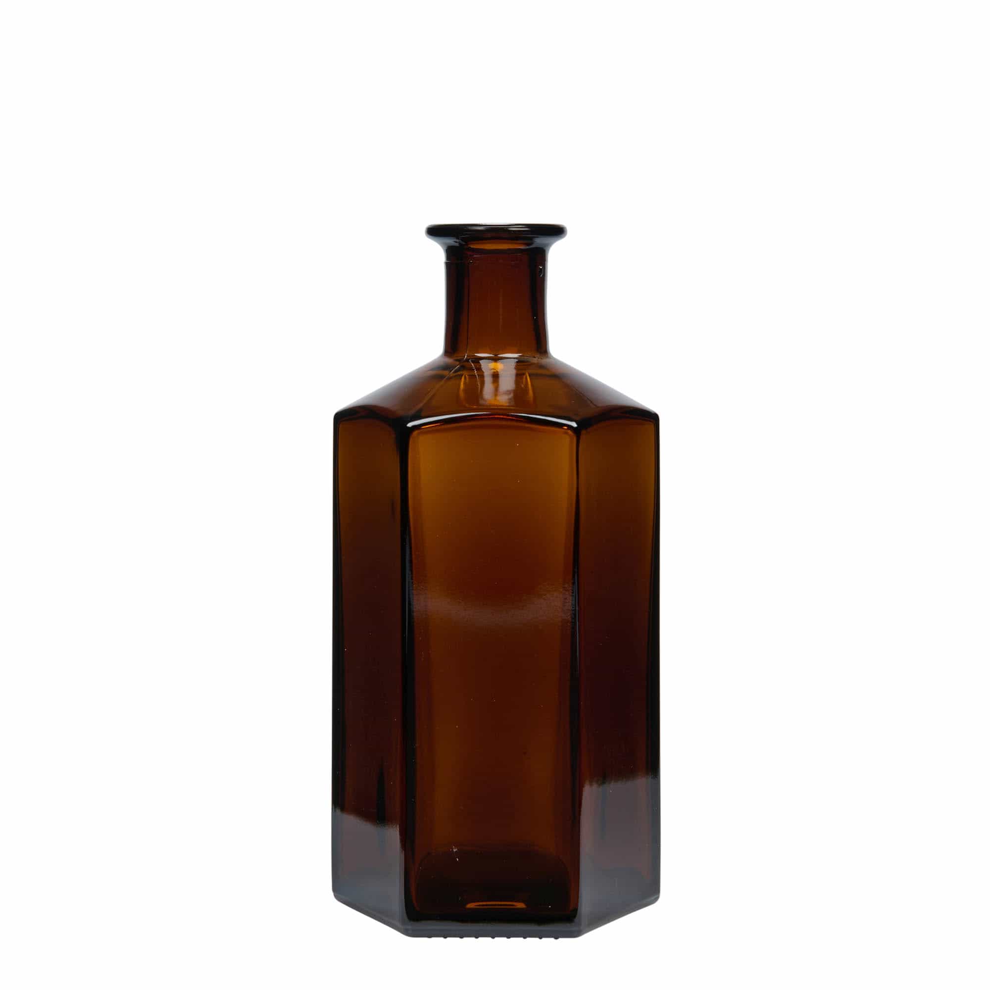 500 ml Glasflasche Apotheker 'Jimmy'. sechseckig. braun. Mündung: Kork 500 ml Glasflasche Apotheker 'Jimmy'. sechseckig. braun. Mündung: Kork