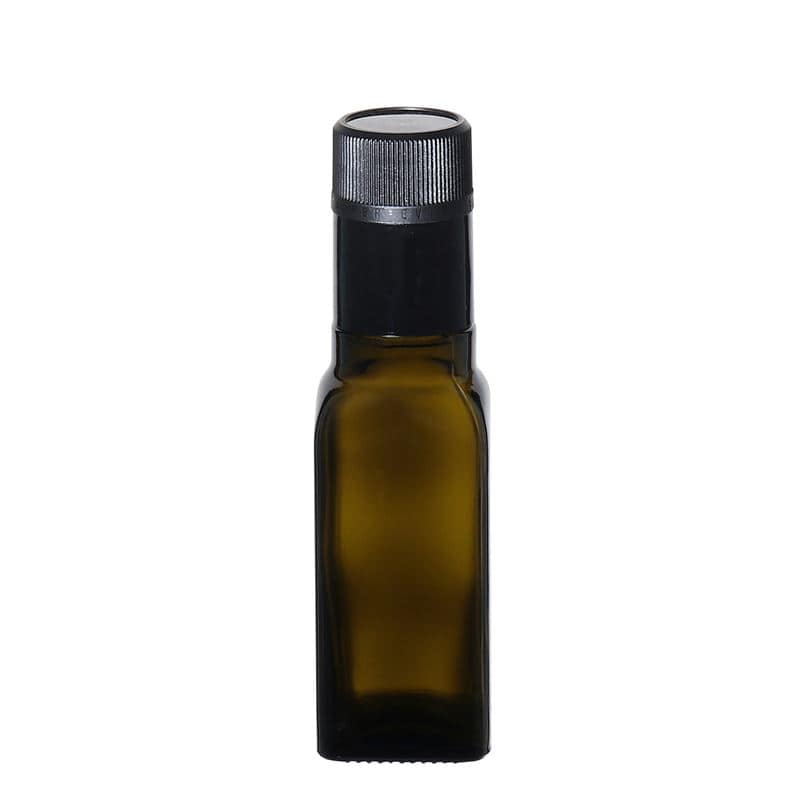 Μπουκάλι για ξίδι/λάδι 'Quadra' 100 ml, γυάλινο, τετράγωνο, πράσινο αντικέ, στόμιο: DOP