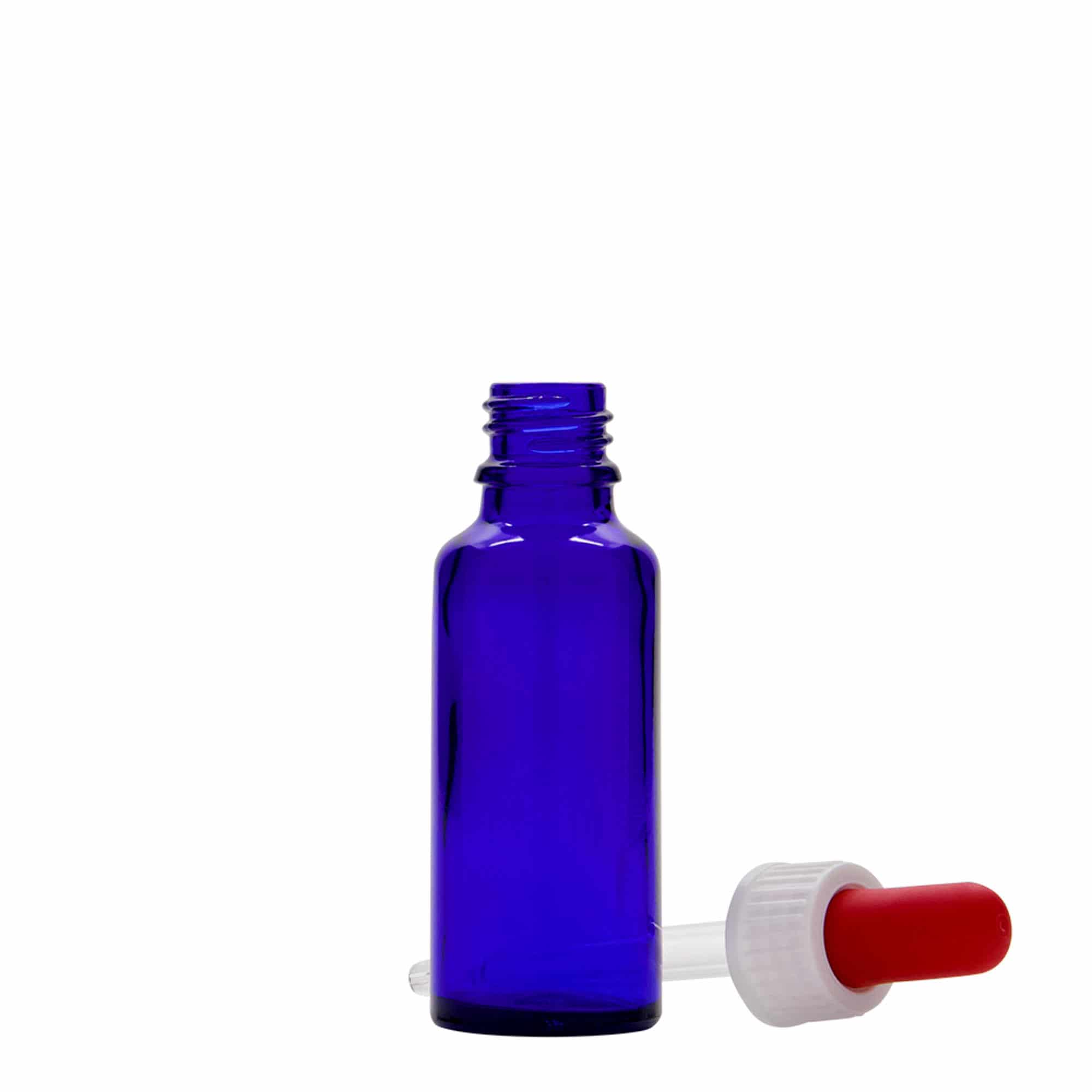 Μπουκάλι φαρμάκου με σταγονόμετρο 30 ml, γυάλινο, μπλε ρουά-κόκκινο, στόμιο: DIN 18