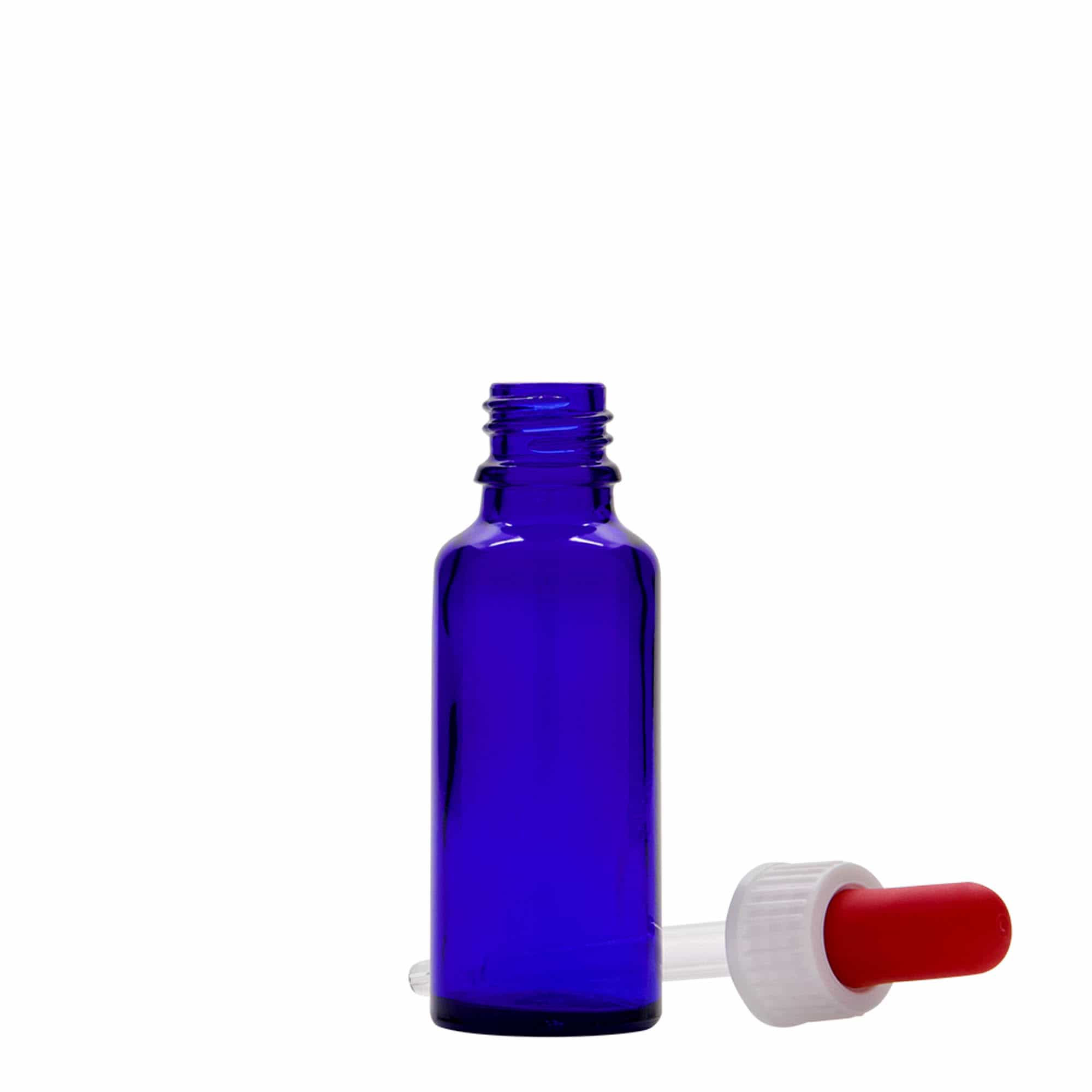 Μπουκάλι φαρμάκου με σταγονόμετρο 30 ml, γυάλινο, μπλε ρουά-κόκκινο, στόμιο: DIN 18